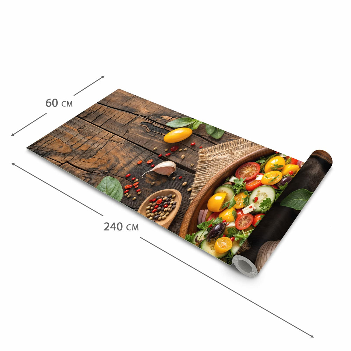 Waschbarer Küchenteppich mit Motiv Frischer Gemüsesalat in der Grösse 90x240 cm für Ordnung