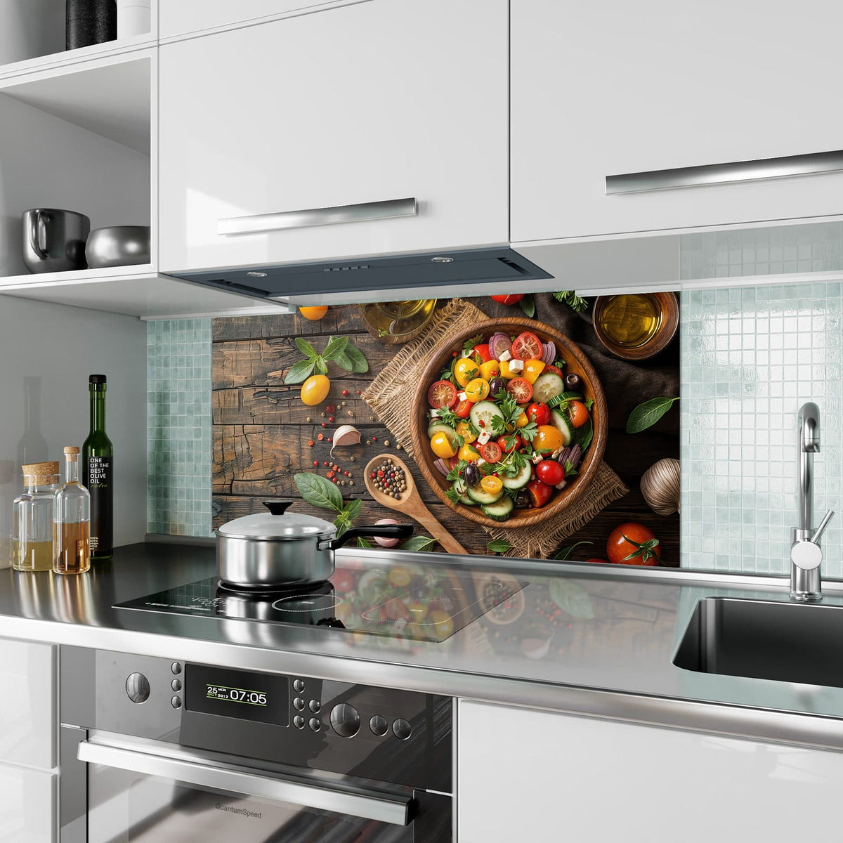 Küchenrückwand aus Glas Salat in der Holzschale im Hochformat als Spritzschutz hinter dem Kochfeld, über dem Fliesenspiegel montiert