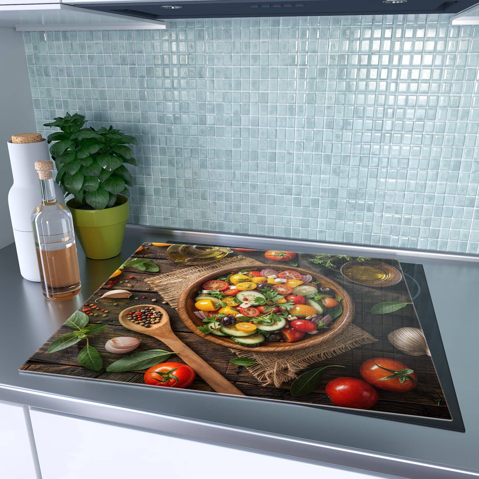 1-teilige Abdeckplatte für Induktionsherd mit Frischer Gemüsesalat-Motiv auf dem Ceranfeld