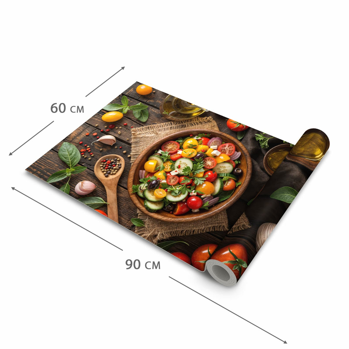 Formstabiler waschbarer Küchenteppich mit Motiv Frischer Gemüsesalat in der Grösse 90x240 cm