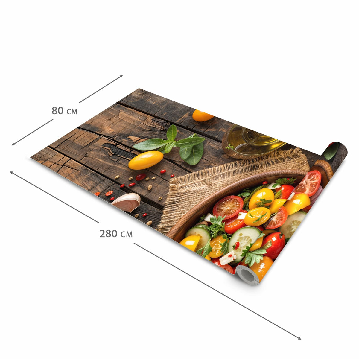 Geräuschdämpfender waschbarer Küchenläufer mit Motiv Frischer Gemüsesalat in der Größe 90x240 cm