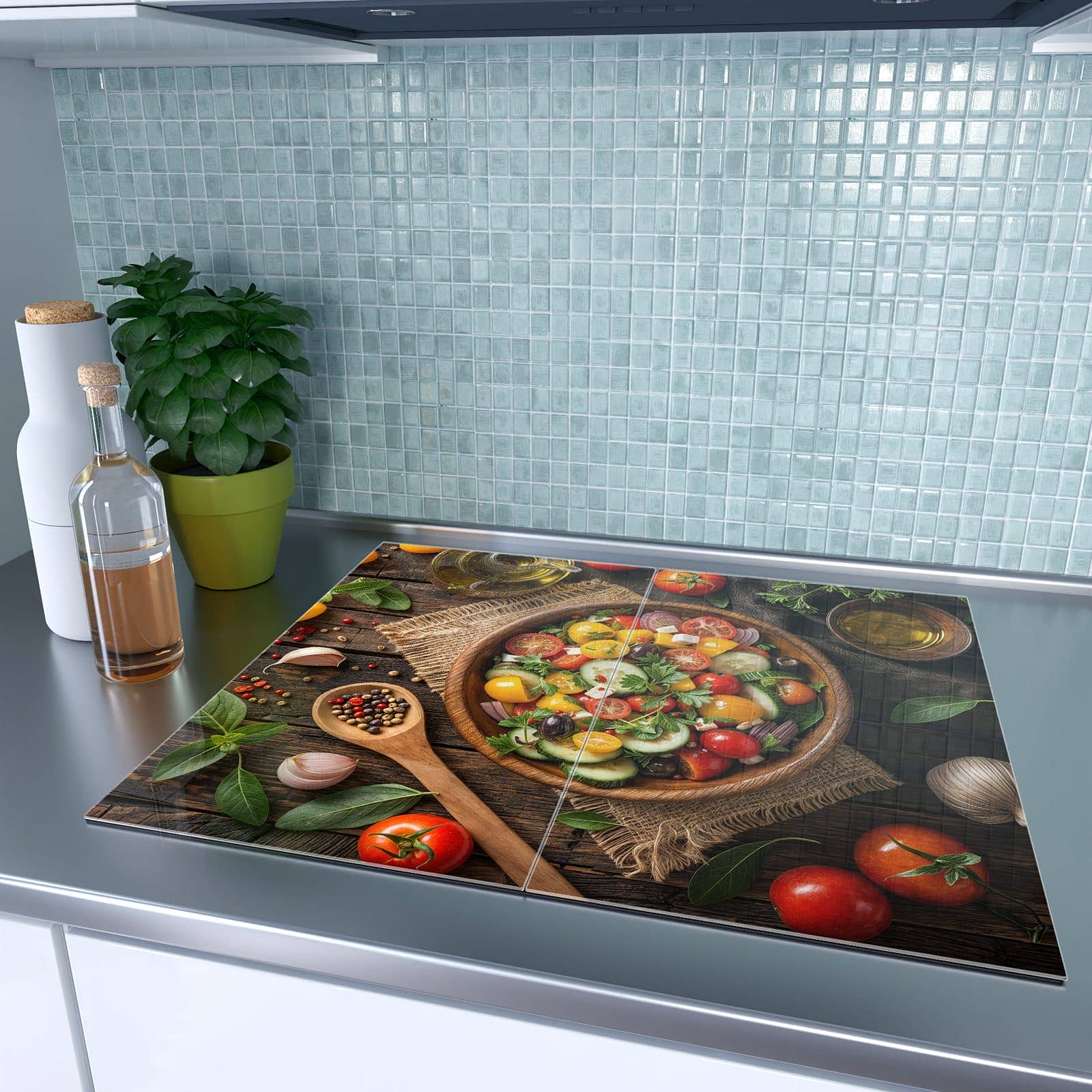 2-teilige Herdabdeckung mit Frischer Gemüsesalat-Motiv auf dem Ceranfeld