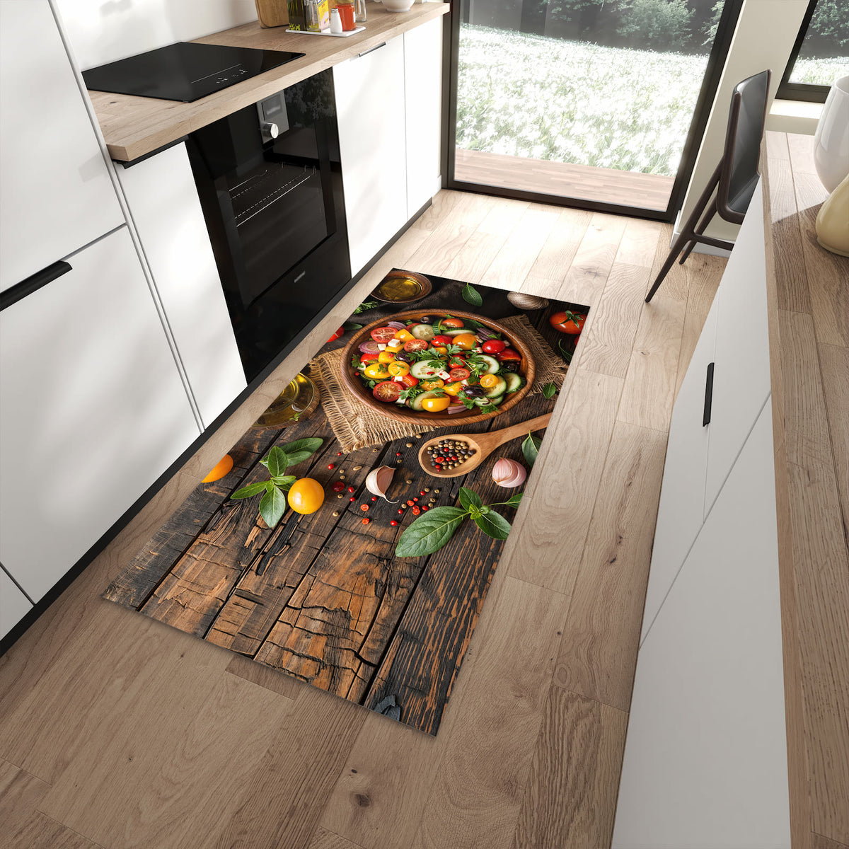 Rutschfester dünner Teppich mit Motiv Frischer Gemüsesalat spart Zeit in moderner Küche