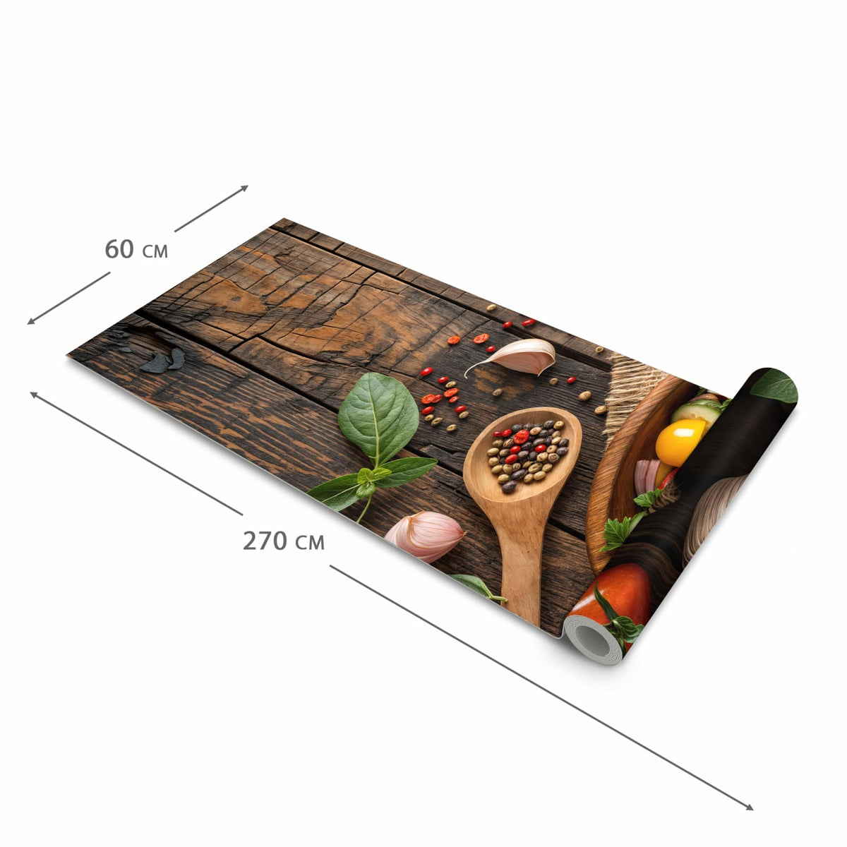 Bodenschonender großer Küchenteppich mit Motiv Frischer Gemüsesalat in der Größe 90x240 cm