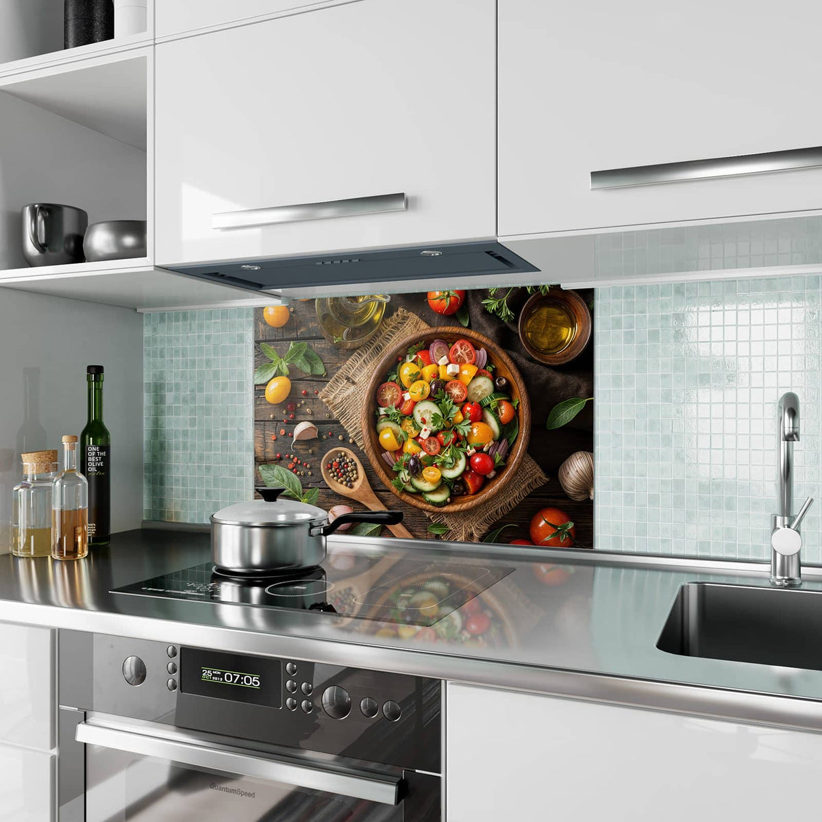 Küchenrückwand aus Glas Salat in der Holzschale im Hochformat als Spritzschutz hinter dem Kochfeld, über dem Fliesenspiegel montiert