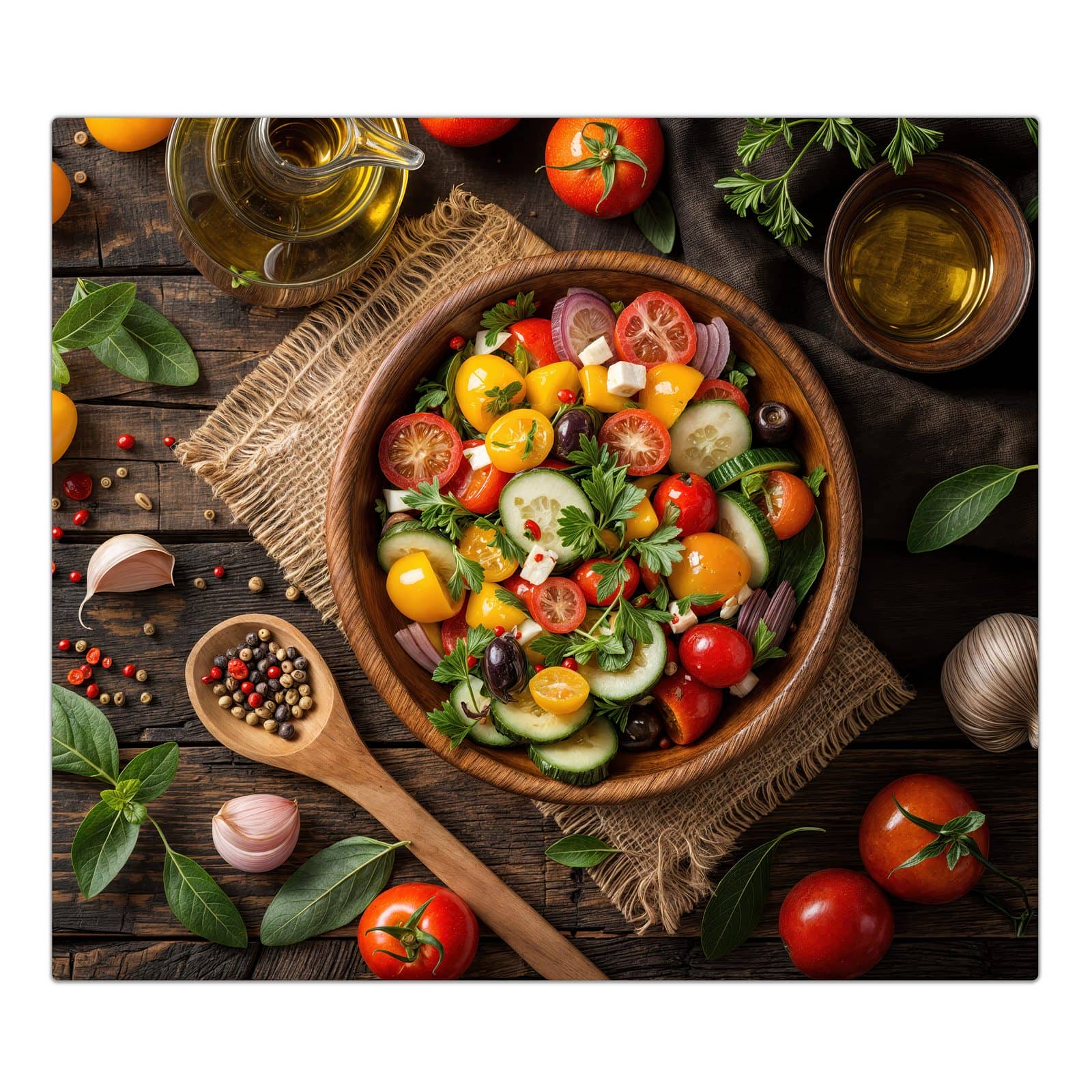 1-teilige Herdabdeckplatte mit Frischer Gemüsesalat-Motiv in der Frontansicht #grösse_1-Teilig (60x52cm)