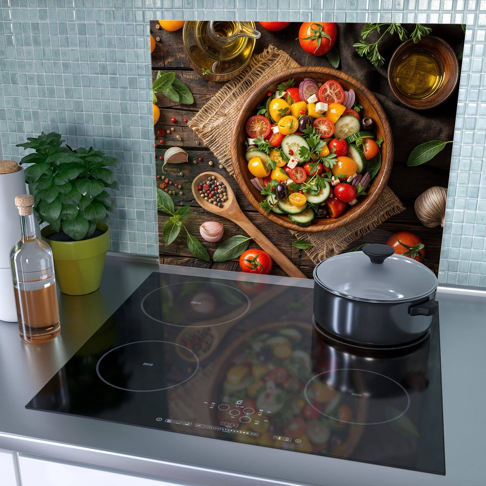 1-teilige Herdabdeckung mit Frischer Gemüsesalat-Motiv als Spritzschutz hinter dem Kochfeld