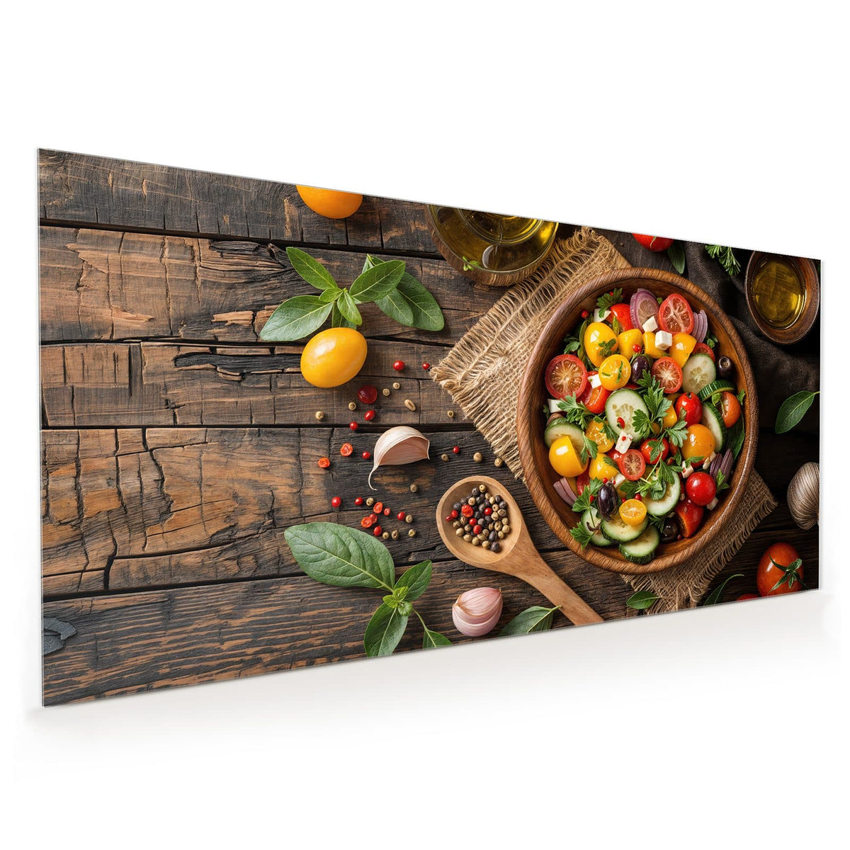 Küchenrückwand aus Glas im Hochformat mit Motiv Salat in der Holzschale: Bunter Gemüsesalat mit Tomaten, Gurke, Paprika und Feta in großer Holzschale