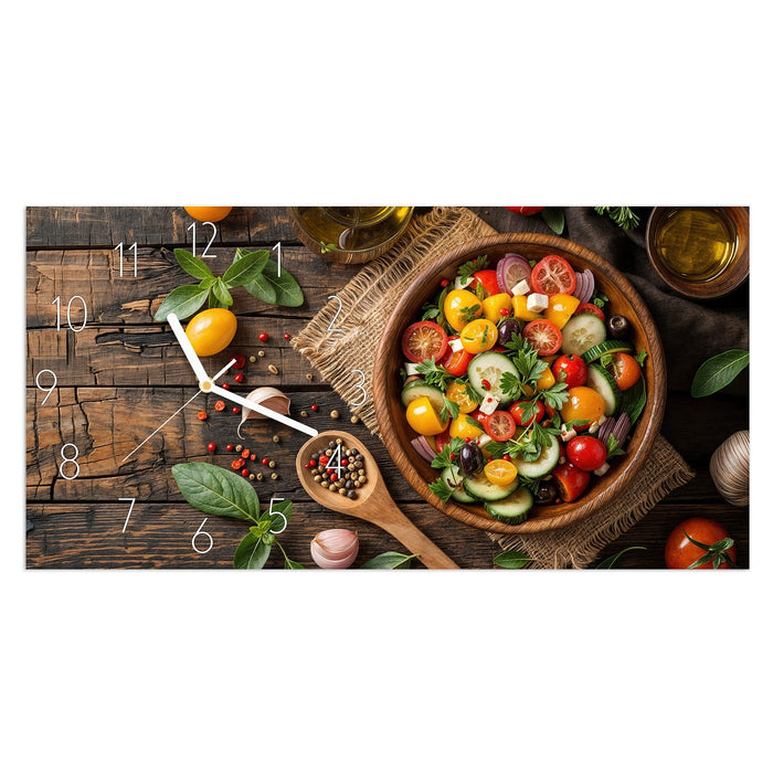 Wanduhr Frischer Gemüsesalat aus Glas – Querformat 60 × 30 cm mit Ziffernblatt Elegant