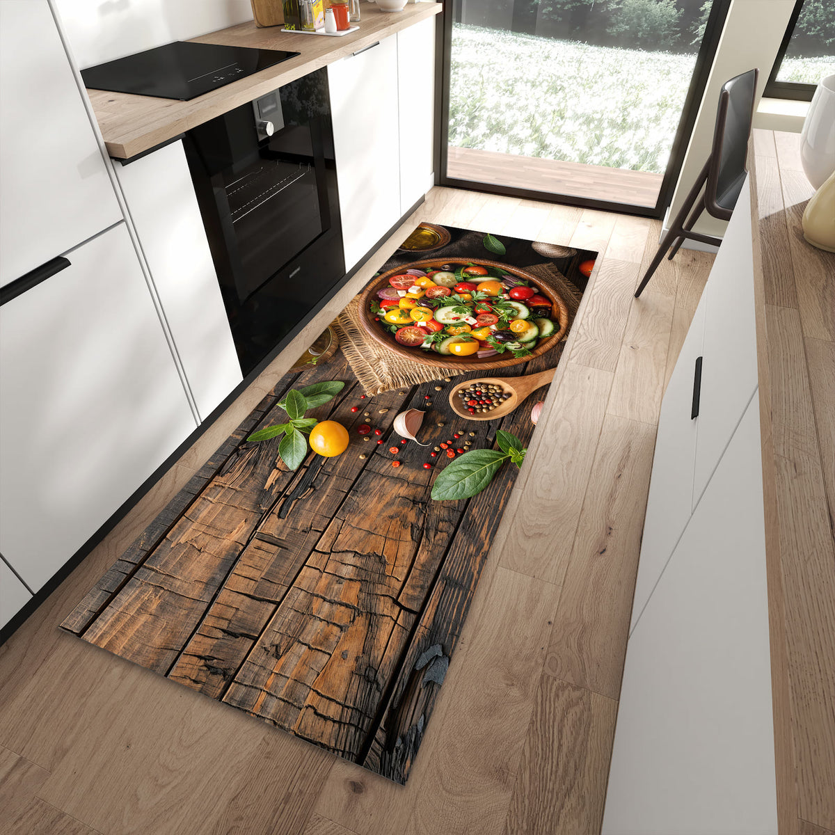 Geräuschdämpfender dünner Küchenteppich mit Motiv Frischer Gemüsesalat in moderner Küche
