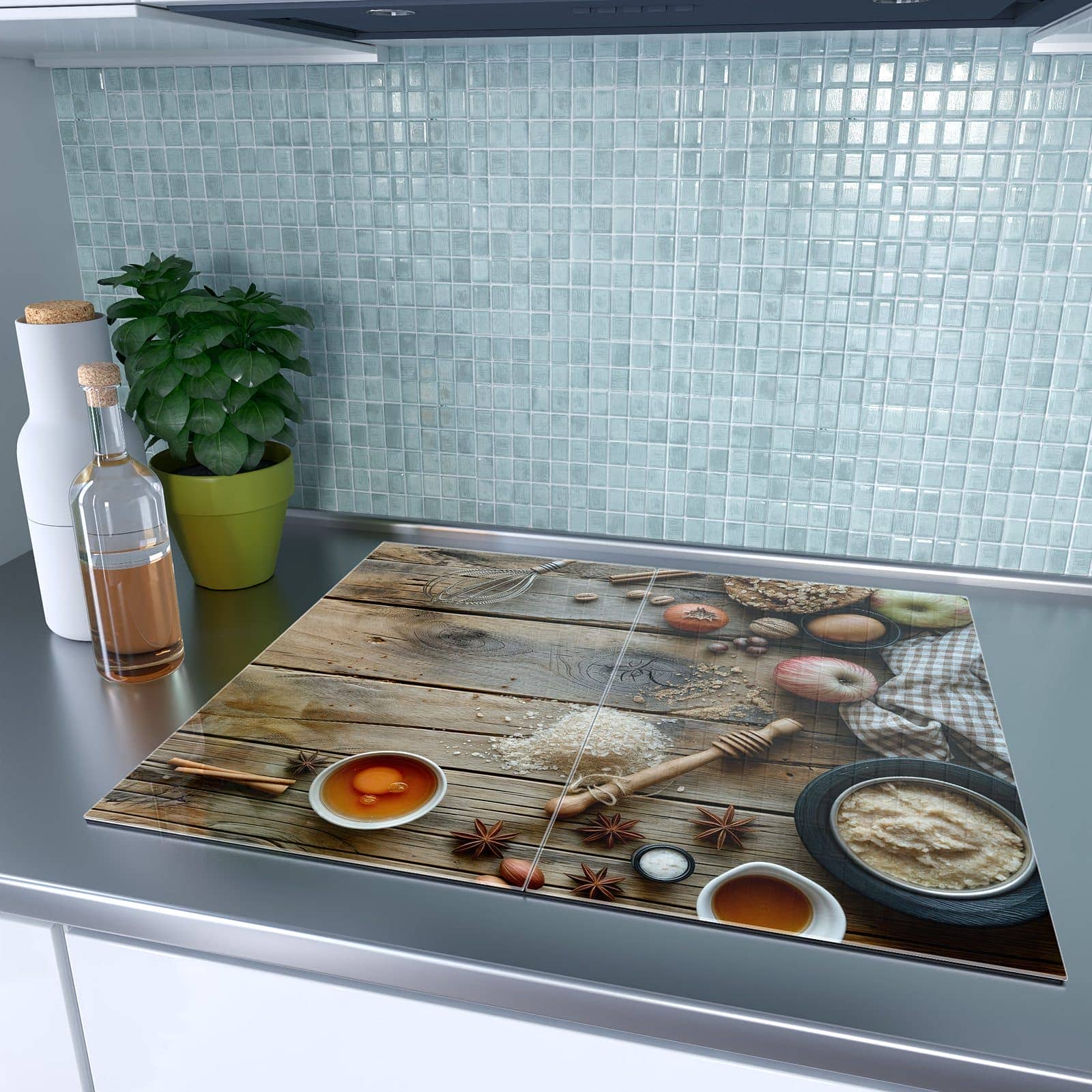 2-teilige Herdabdeckung für Induktionsfeld mit Herbstbackzubehör-Motiv auf dem Ceranfeld