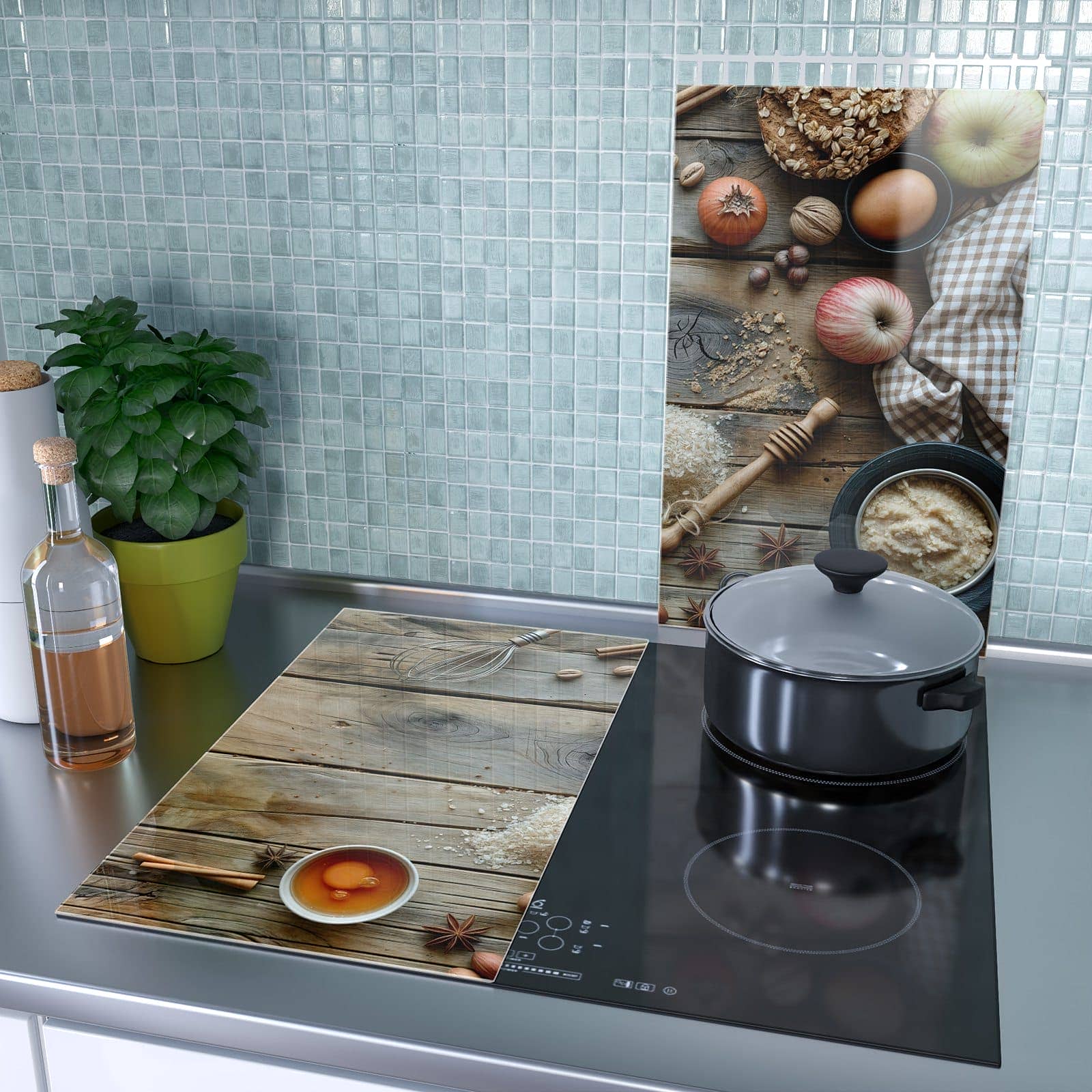 2-teilige Glasabdeckplatte für Ceranfeld mit Herbstbackzubehör-Motiv als Spritzschutz hinter dem Kochfeld