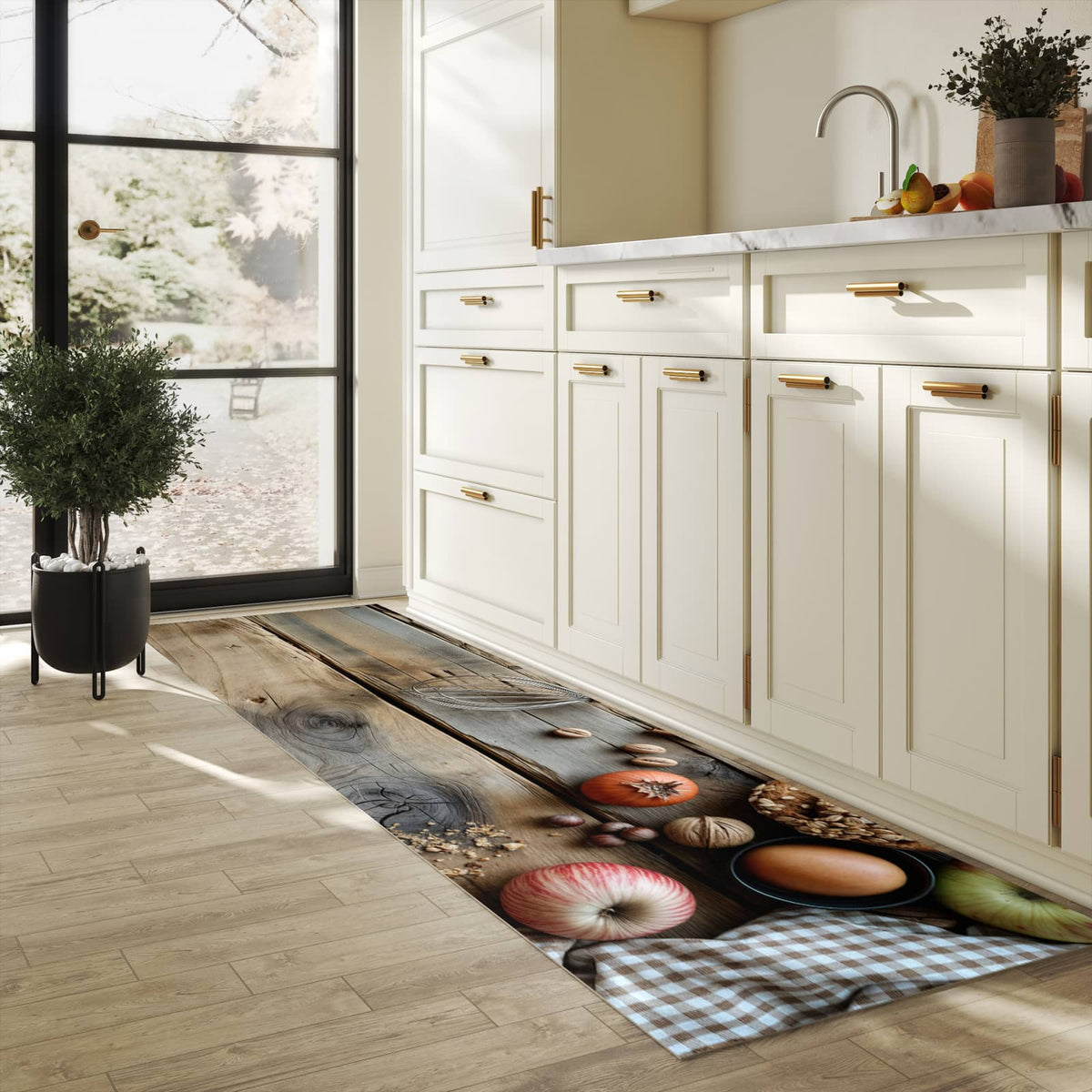 Bodenschonender Küchenteppich mit Motiv Herbstbackzubehör in heller Küche