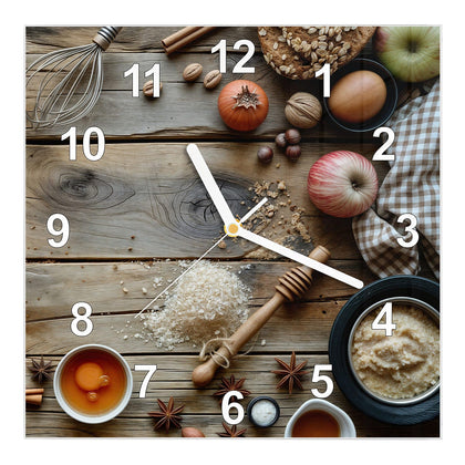 Wanduhr Quadratisch mit dem Motiv Backzutaten im Herbst