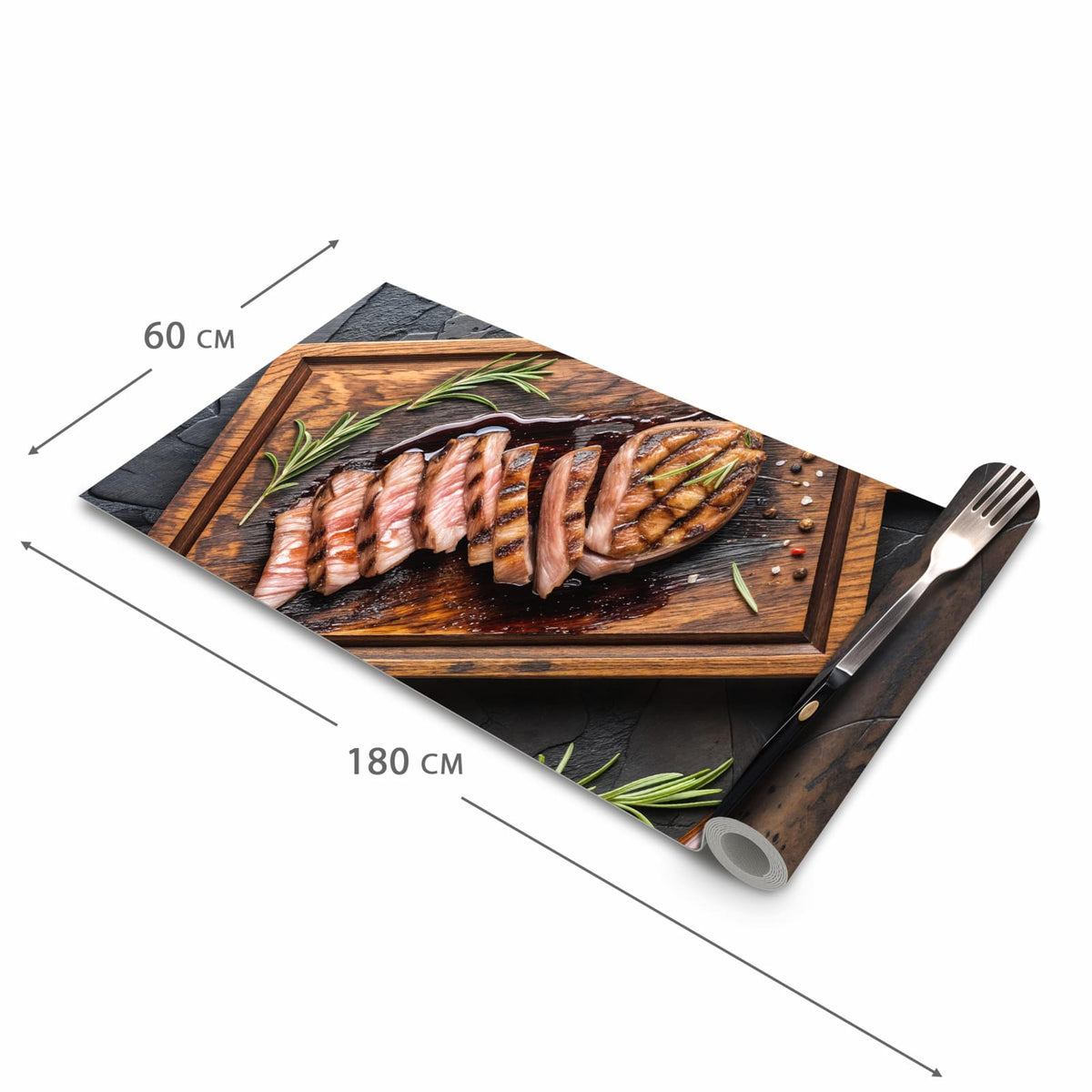 Bodenschonender Küchenläufer mit Motiv Servierbrett Fleisch in der Größe 90x180 cm