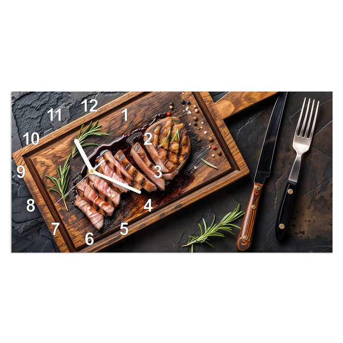 Wanduhr Servierbrett Fleisch aus Glas – Querformat 60 × 30 cm mit Ziffernblatt Modern