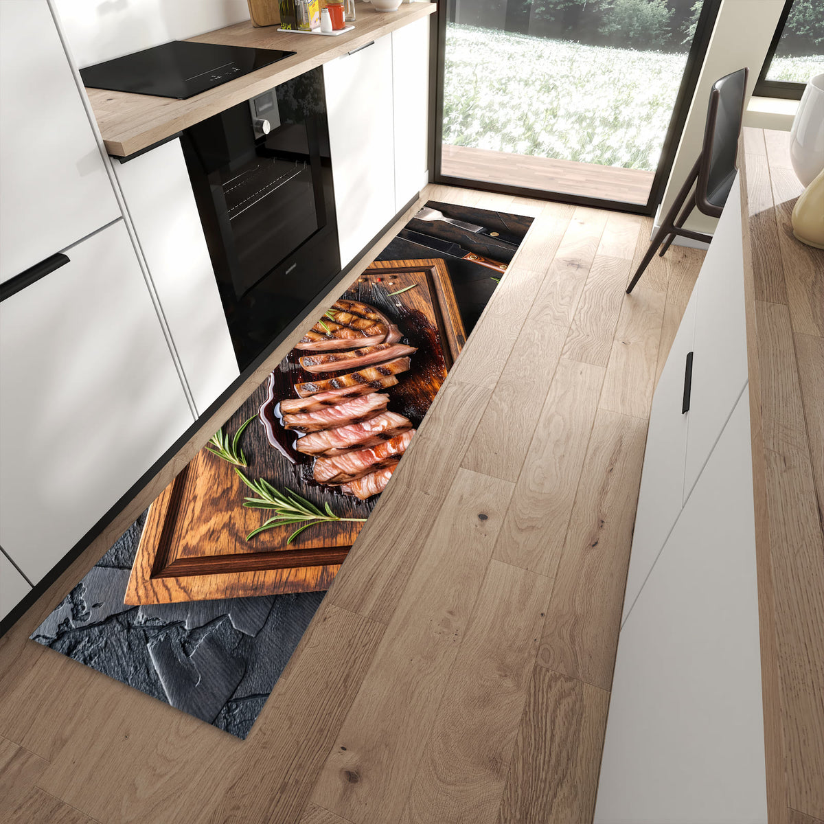 Rutschfester Küchenläufer mit Motiv Servierbrett Fleisch für Ordnung in moderner Küche