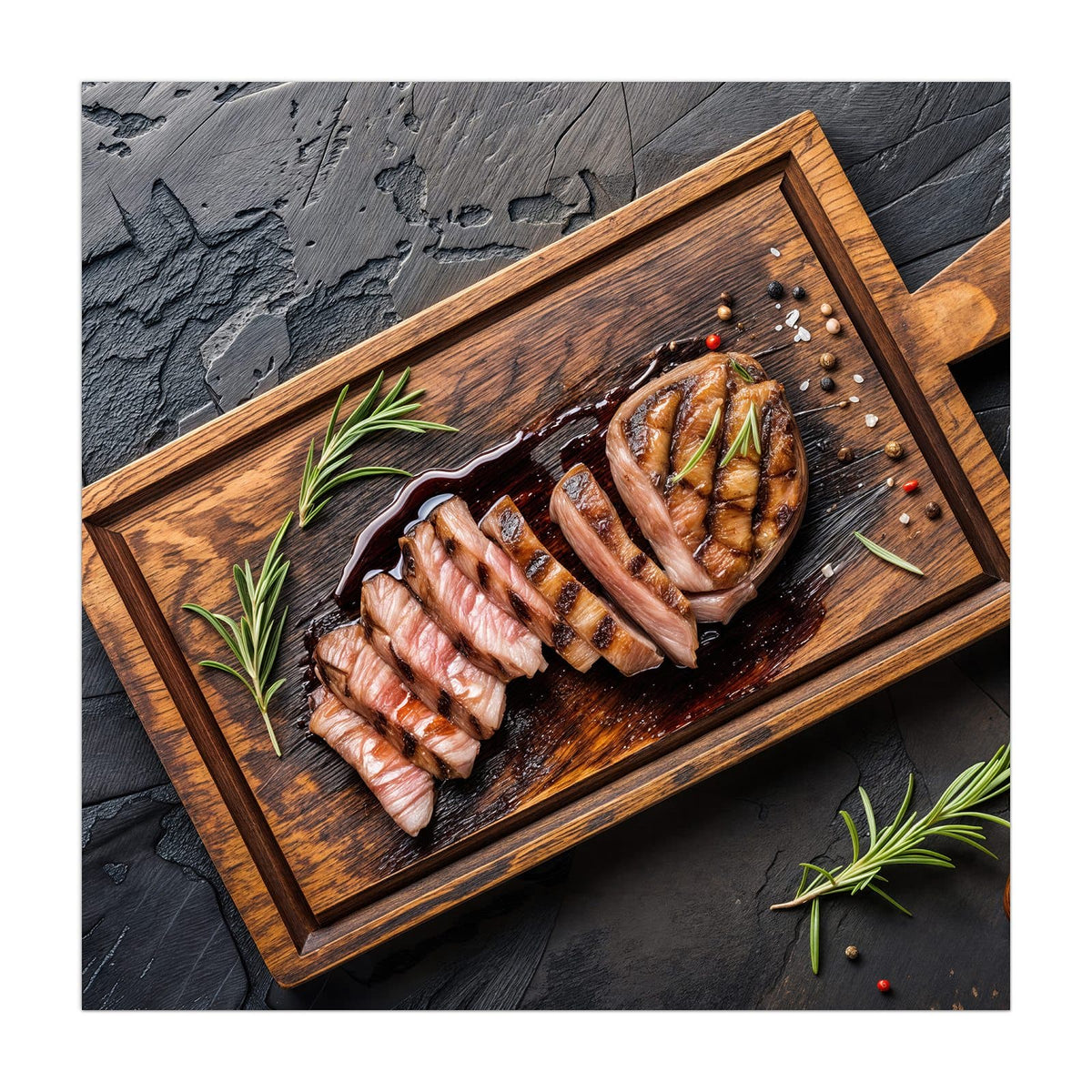 Küchenrückwand aus Glas Steak in Scheiben im quadratischen Format, Motiv bildfüllend von vorn