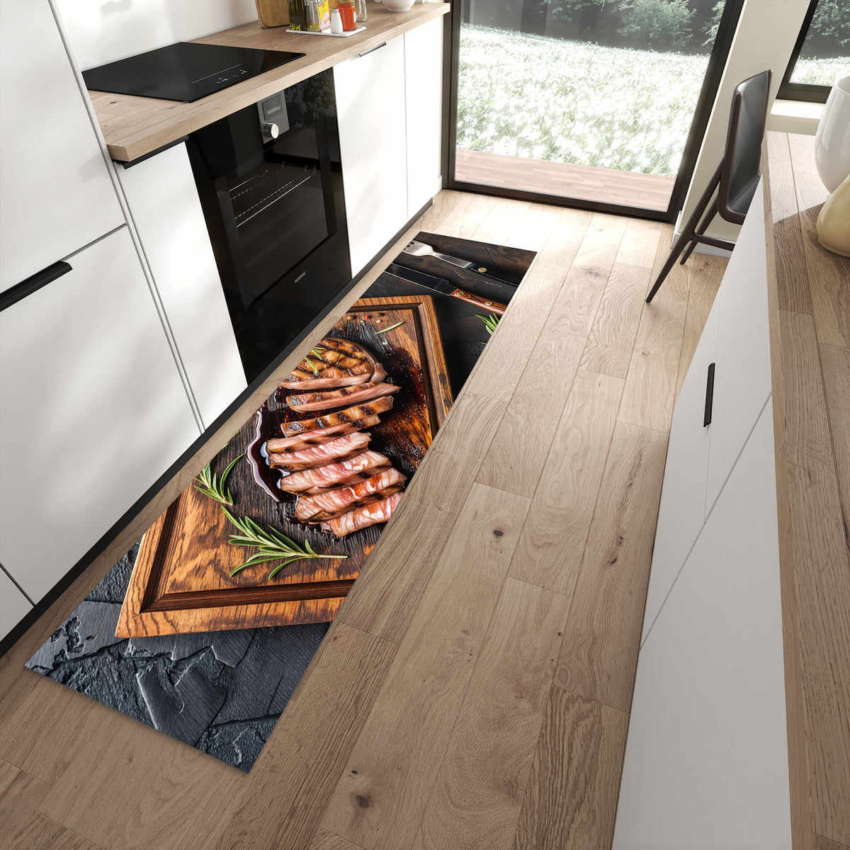 Rutschfester Küchenläufer mit Motiv Servierbrett Fleisch schützt Böden in moderner Küche