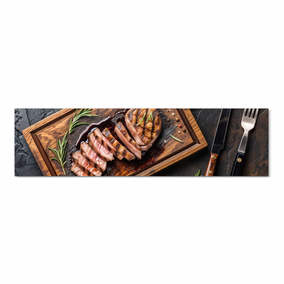Bodenschonender Küchenläufer mit Motiv Servierbrett Fleisch in Frontansicht