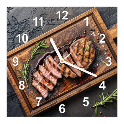 Wanduhr Quadratisch mit dem Motiv Steak in Scheiben