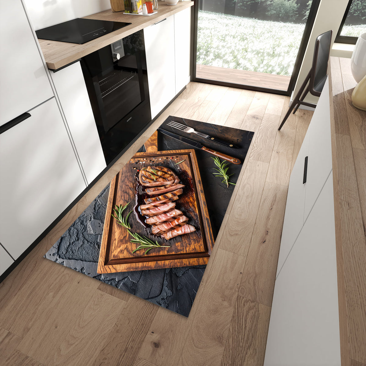 Abriebfester moderner Küchenläufer mit Motiv Servierbrett Fleisch in moderner Küche