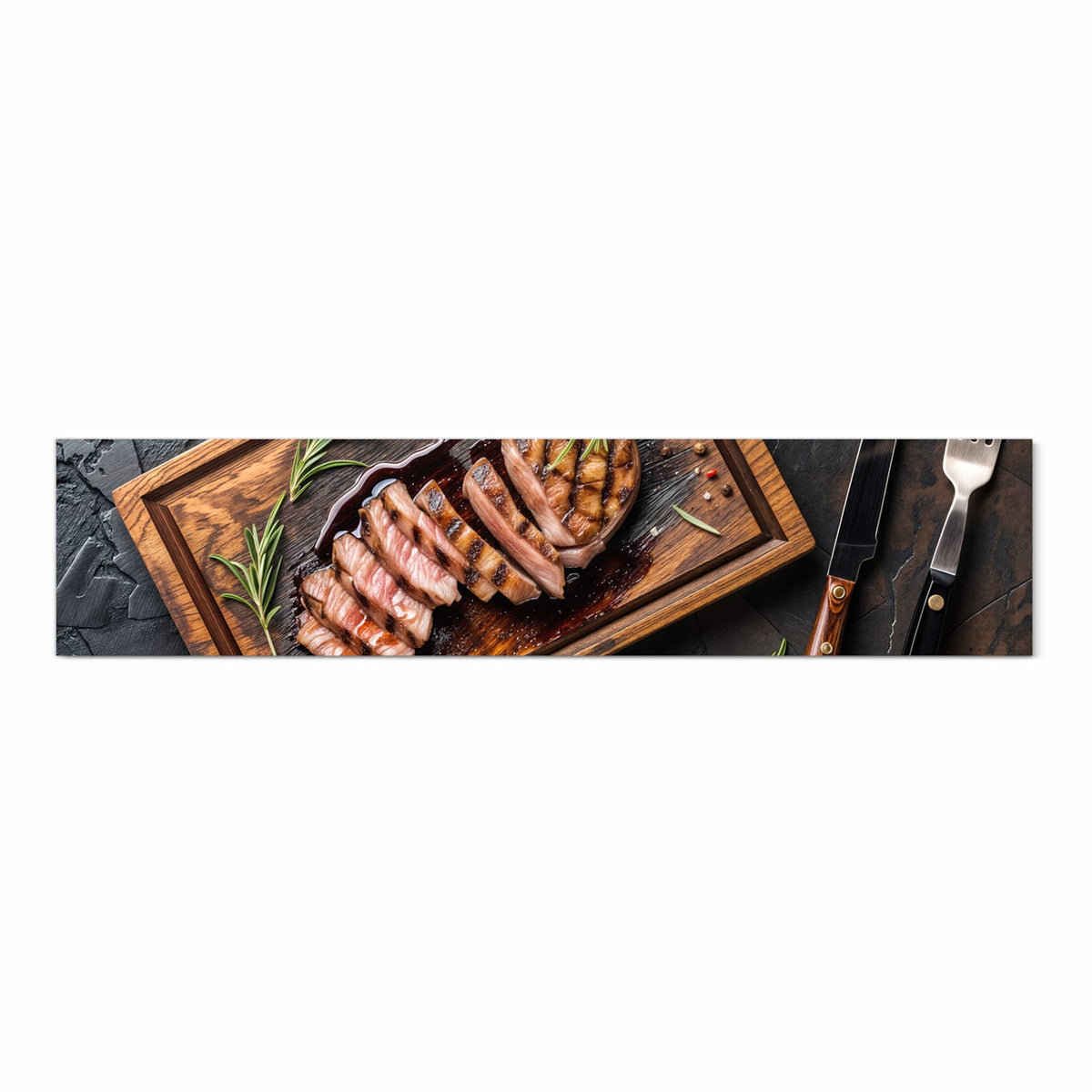 Strapazierfähiger waschbarer Küchenläufer mit Motiv Servierbrett Fleisch in Frontansicht