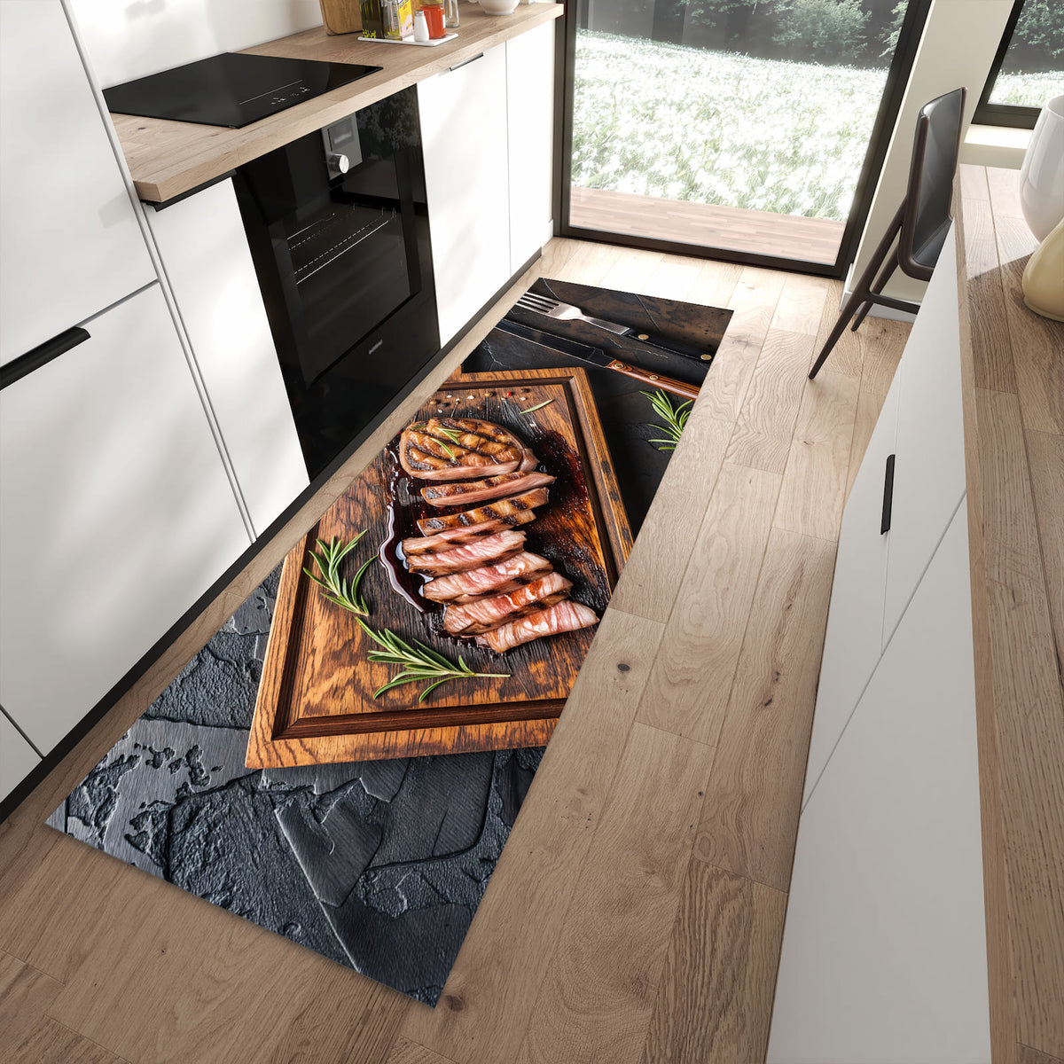 Sicherer Küchenläufer mit Motiv Servierbrett Fleisch in moderner Küche