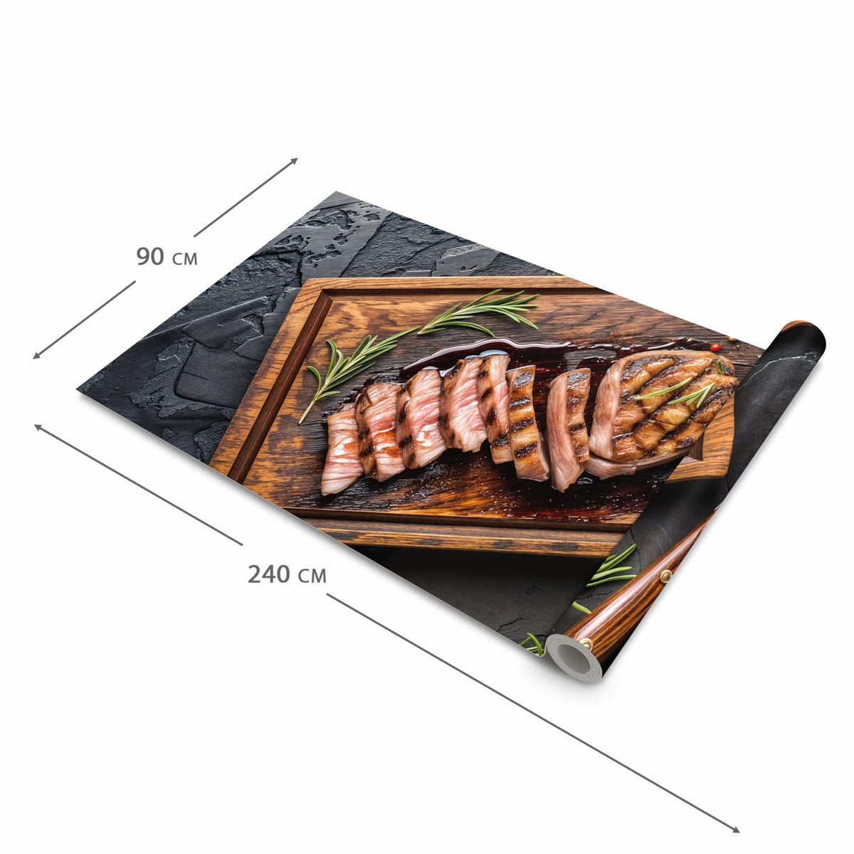 Fleckenresistenter langer Teppich mit Motiv Servierbrett Fleisch in der Grösse 90x240 cm