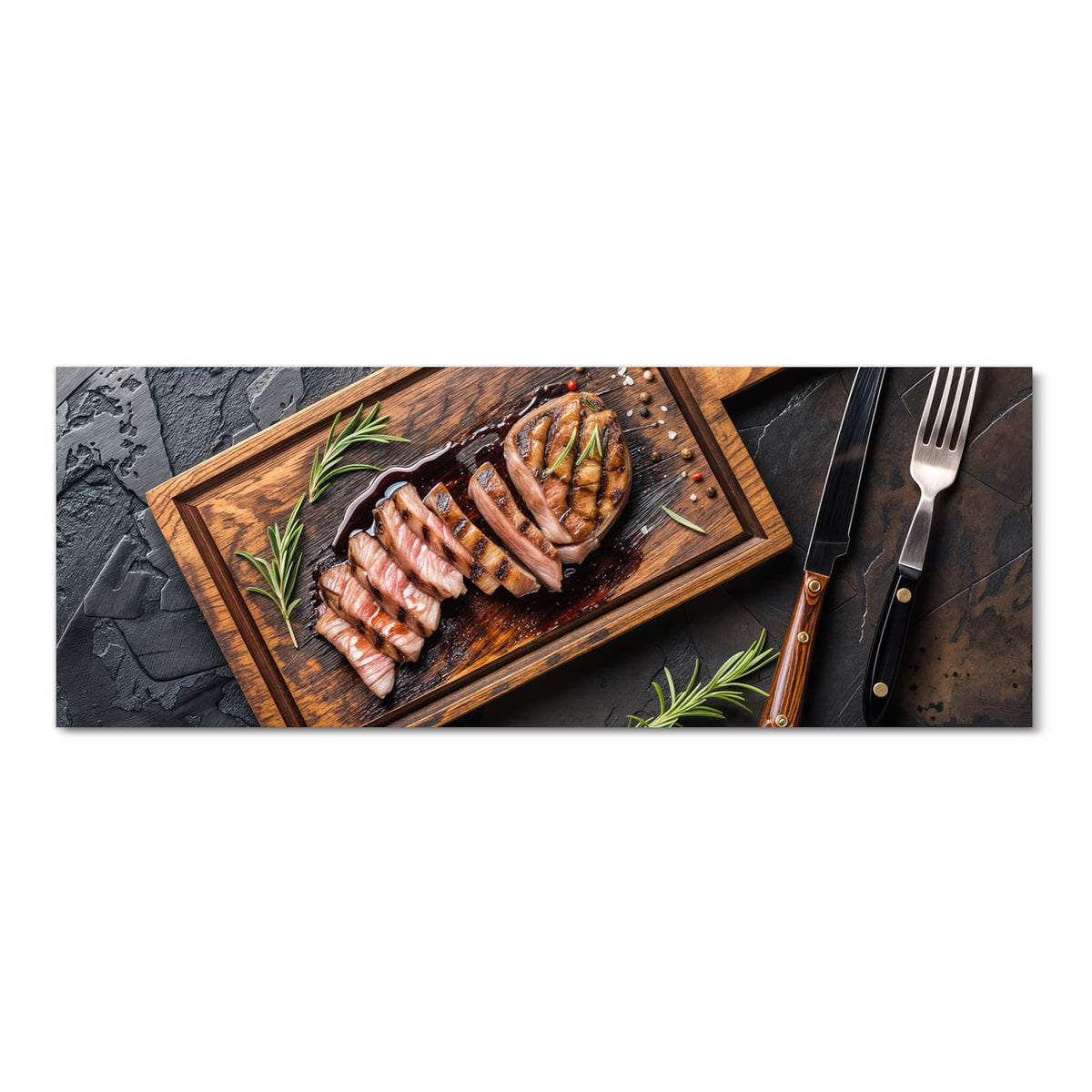 Abwaschbarer Küchenläufer mit Motiv Servierbrett Fleisch in Frontansicht für Ordnung
