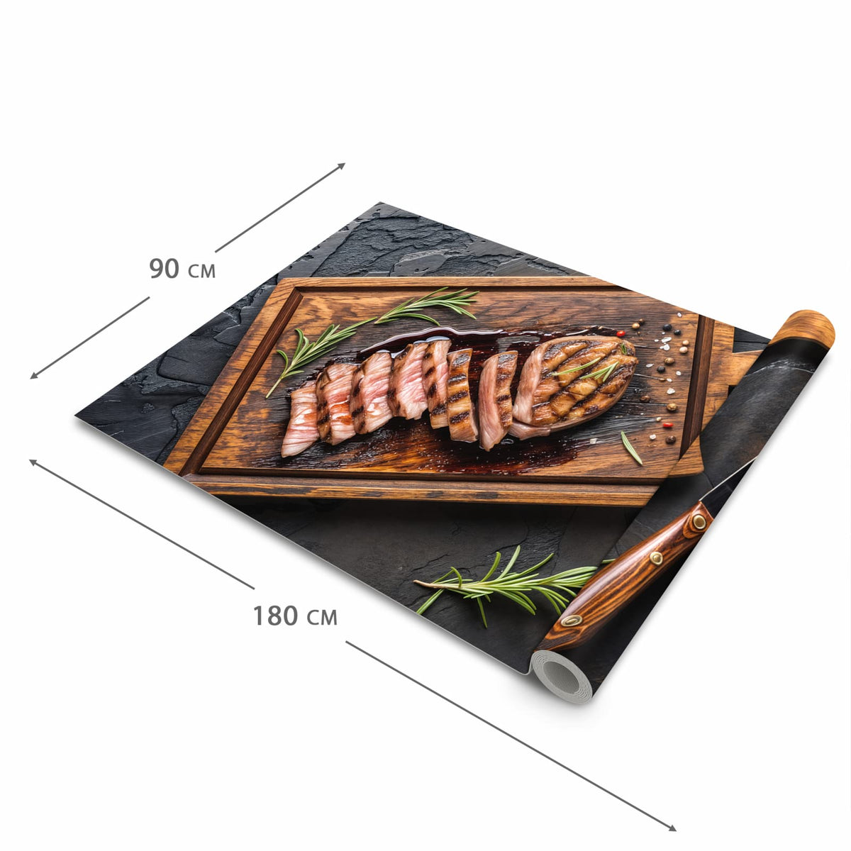 Wasserabweisender waschbarer Küchenläufer mit Motiv Servierbrett Fleisch in der Grösse 90x240 cm