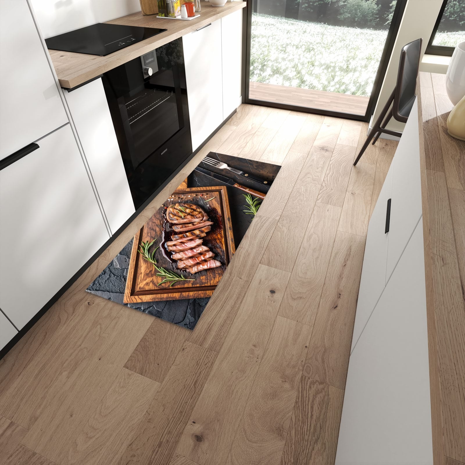 Rutschfester Küchenläufer mit Motiv Servierbrett Fleisch in moderner Küche #grösse_60 x 150 cm