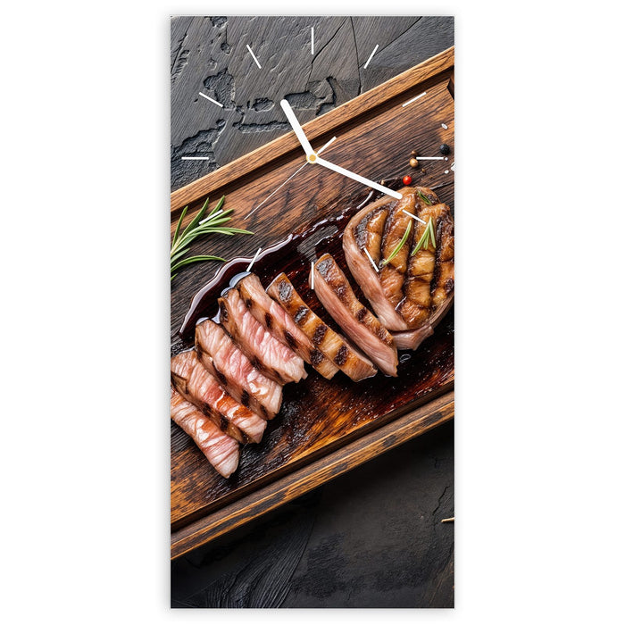 Wanduhr Servierbrett Fleisch aus Glas – Hochformat 30 × 60 cm mit Ziffernblatt Linie
