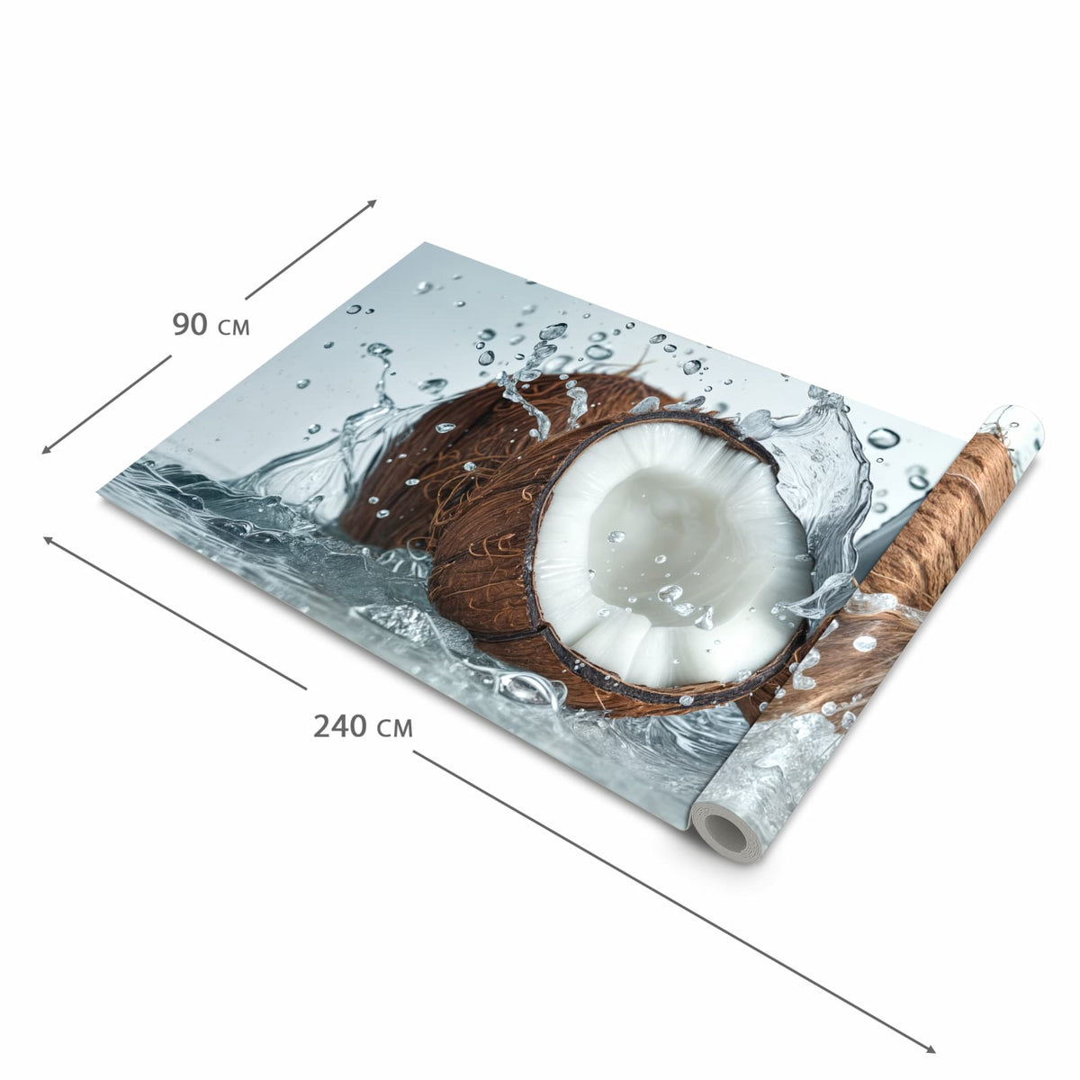 Feuchtigkeitsresistenter Küchenteppich mit Motiv Kokosnuss Wasserplatsch in der Grösse 90x180 cm