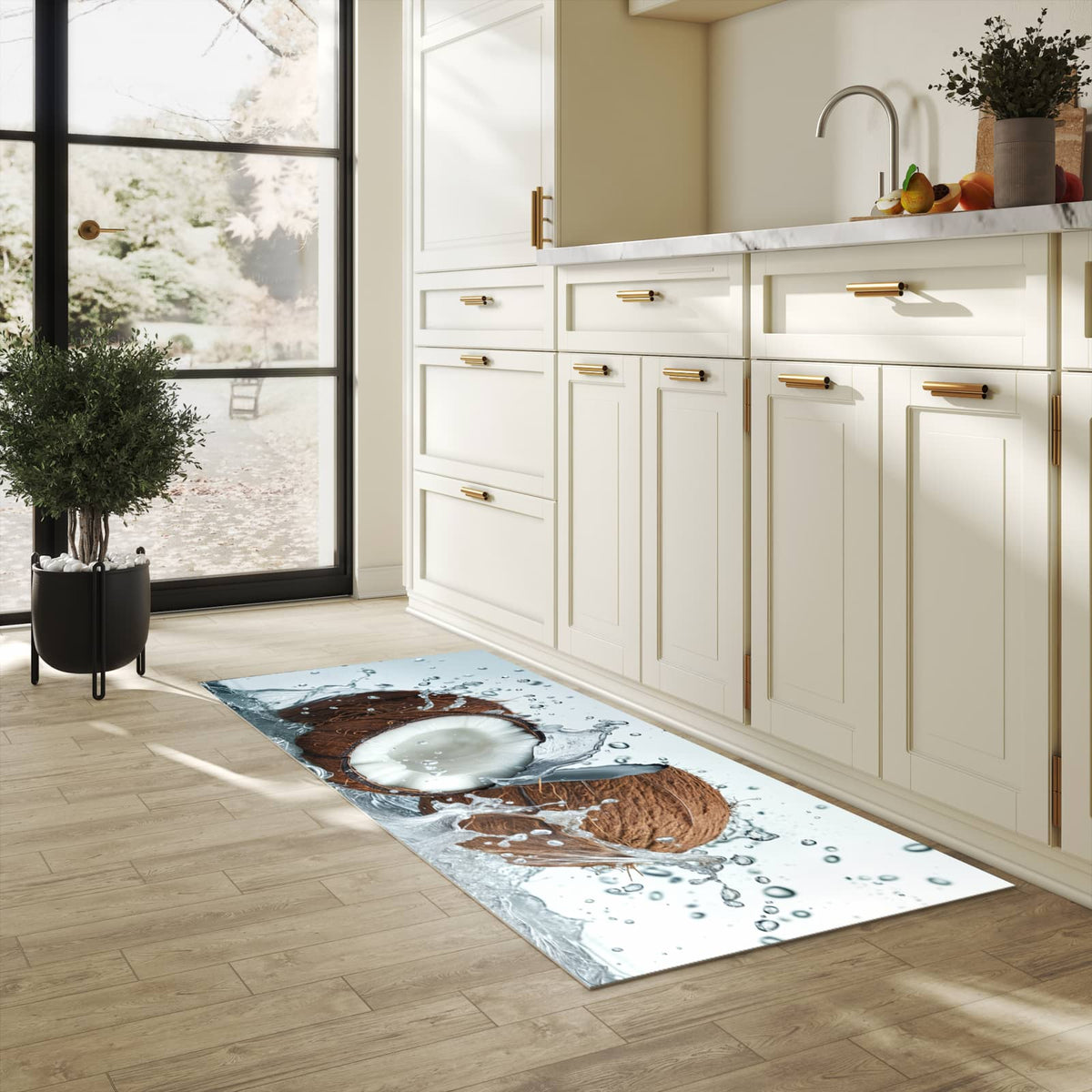 Feuchtigkeitsresistenter Teppich für Küche mit Motiv Kokosnuss Wasserplatsch in heller Küche