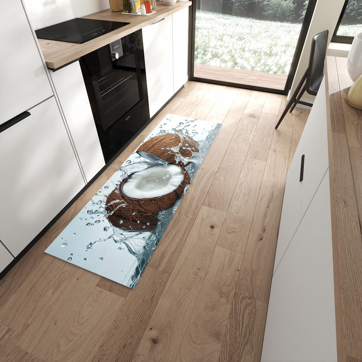 Geruchsneutraler Bodenläufer Teppich mit Motiv Kokosnuss Wasserplatsch in moderner Küche