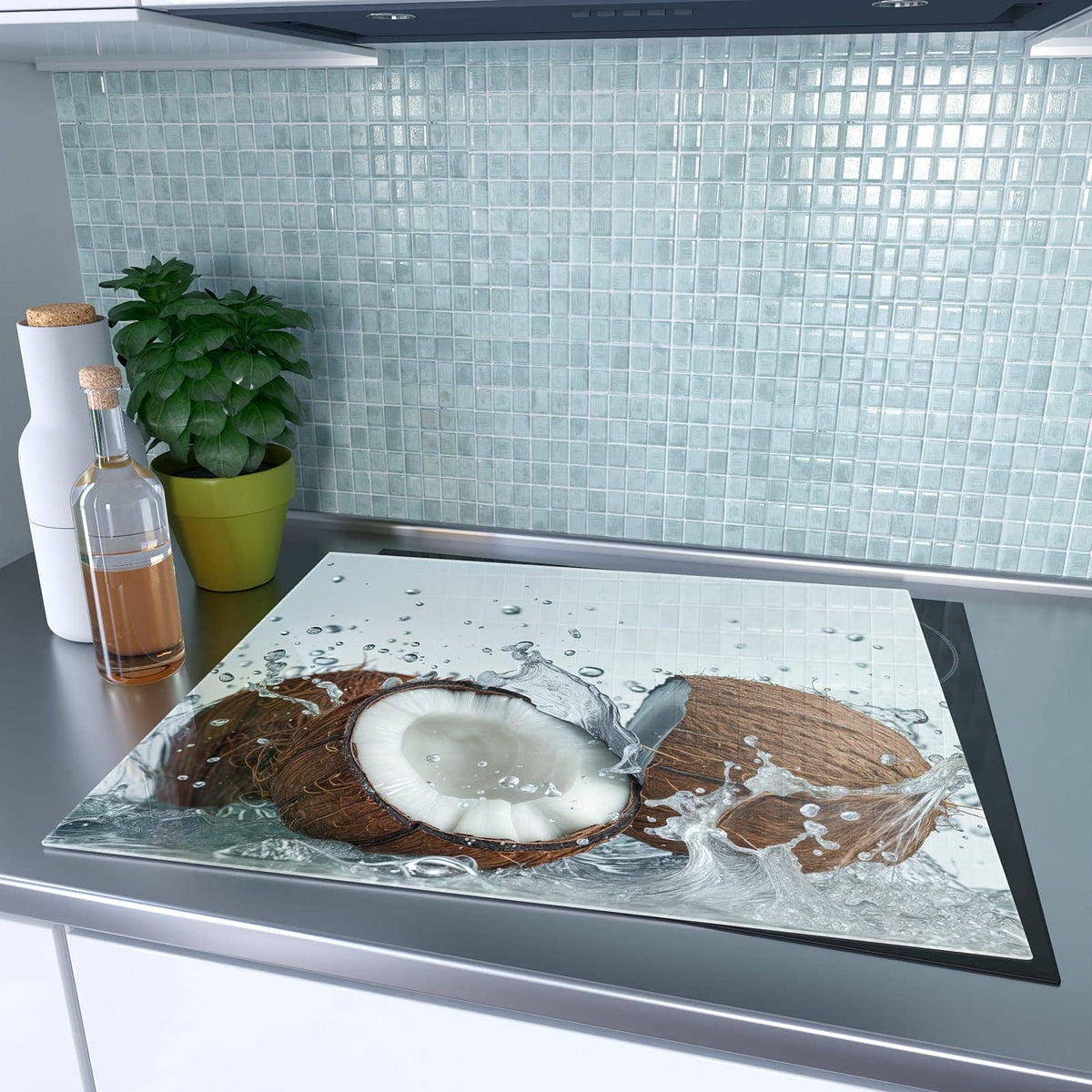 1-teilige Glasabdeckplatte für Ceranfeld mit Kokosnuss Wasserplatsch-Motiv auf dem Ceranfeld