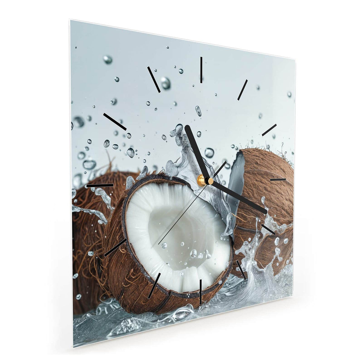 Quadratische Wanduhr aus Glas Halbe Kokosnuss schräg von der Seite, 4 mm starkes Glas