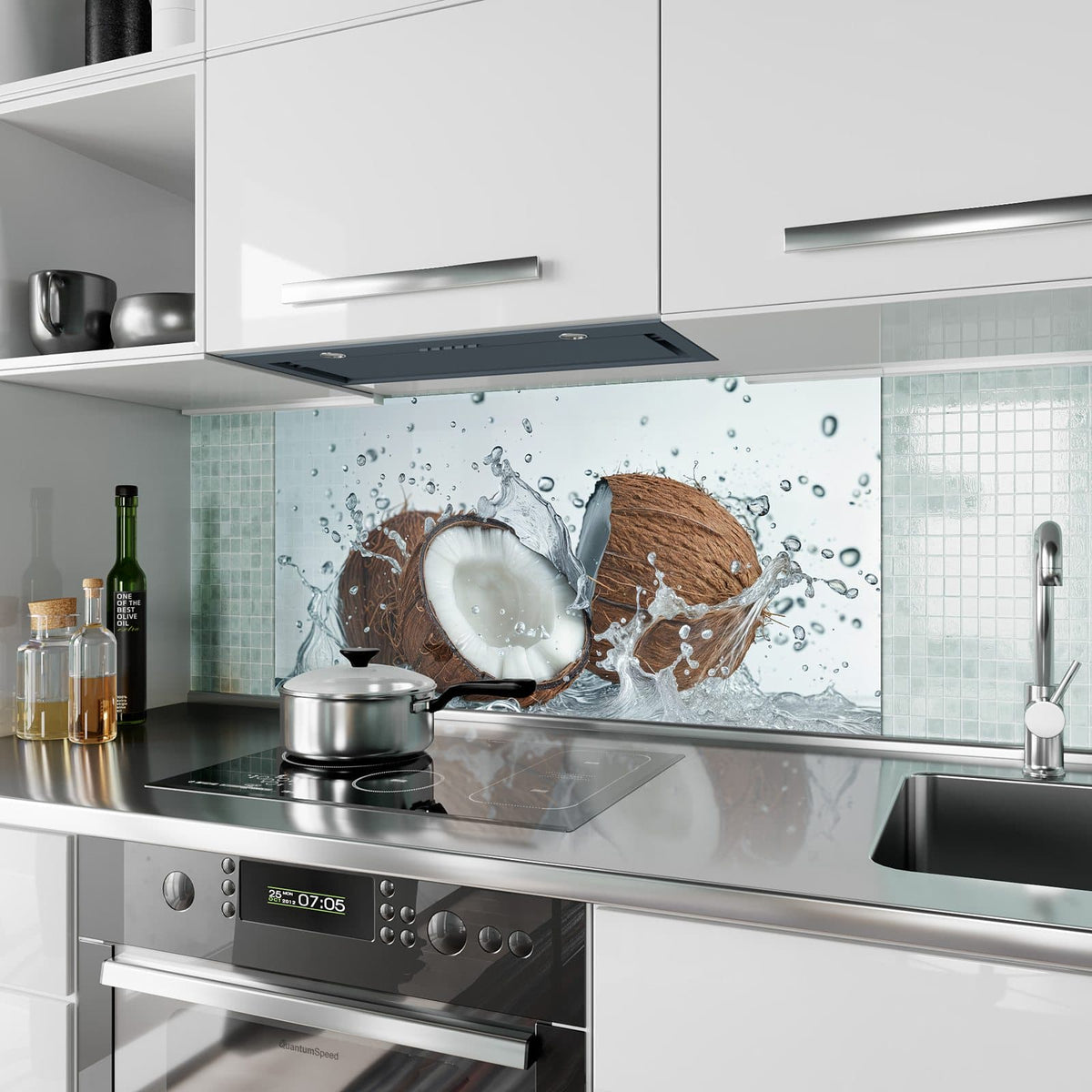 Küchenrückwand aus Glas Halbe Kokosnuss im Hochformat als Spritzschutz hinter dem Kochfeld, über dem Fliesenspiegel montiert