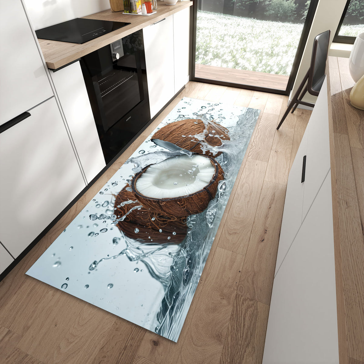 Waschbarer Küchenteppich mit Motiv Kokosnuss Wasserplatsch in moderner Küche