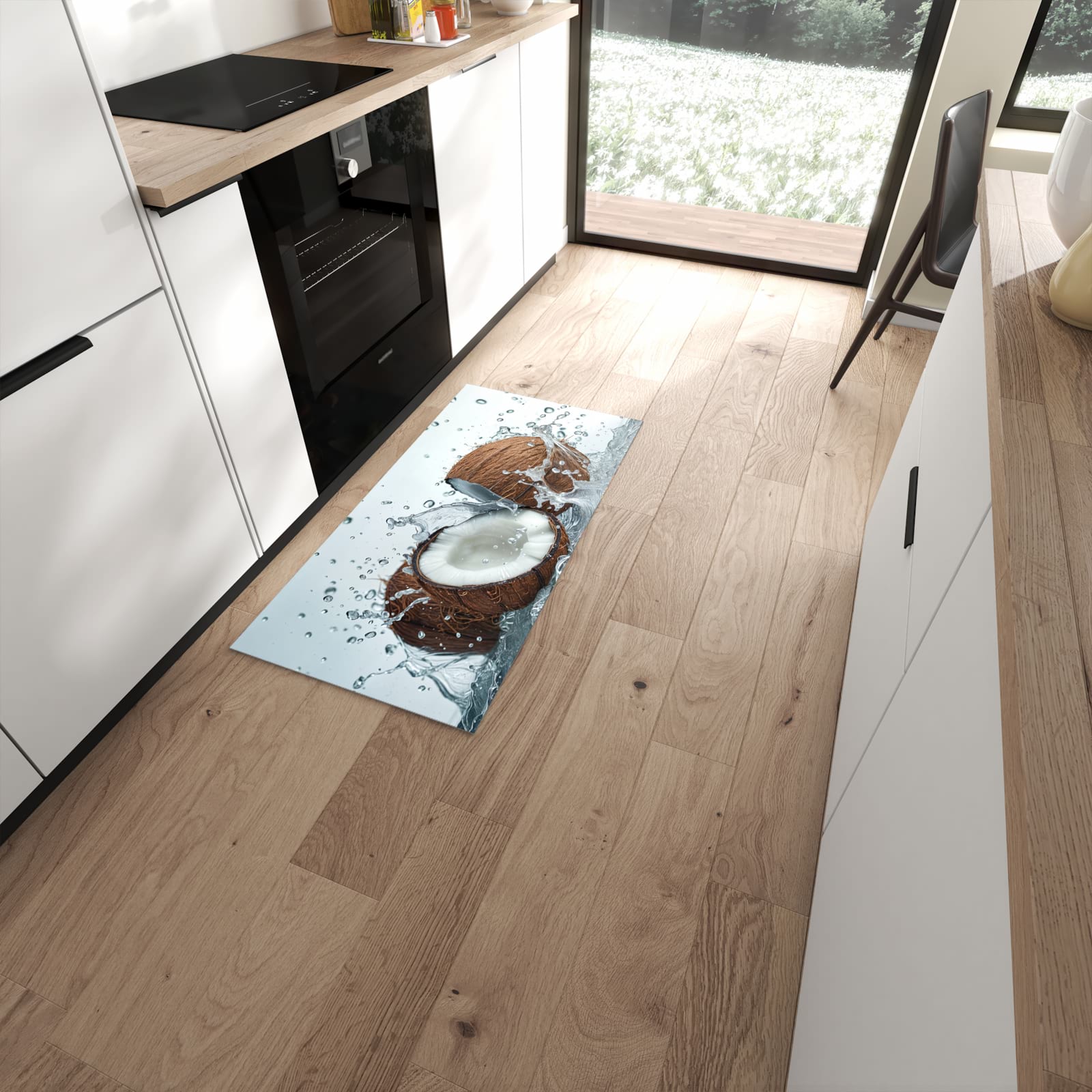 Fleckenresistenter rutschfester Küchenteppich mit Motiv Kokosnuss Wasserplatsch in moderner Küche #grösse_60 x 120 cm