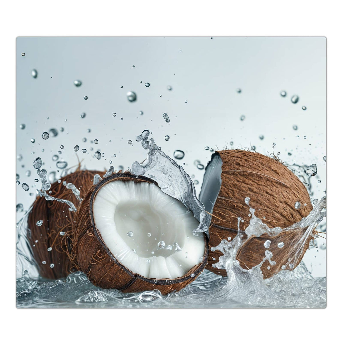 1-teilige Herdabdeckung für Induktionsfeld mit Kokosnuss Wasserplatsch-Motiv in der Frontansicht #grösse_1-Teilig (60x52cm)
