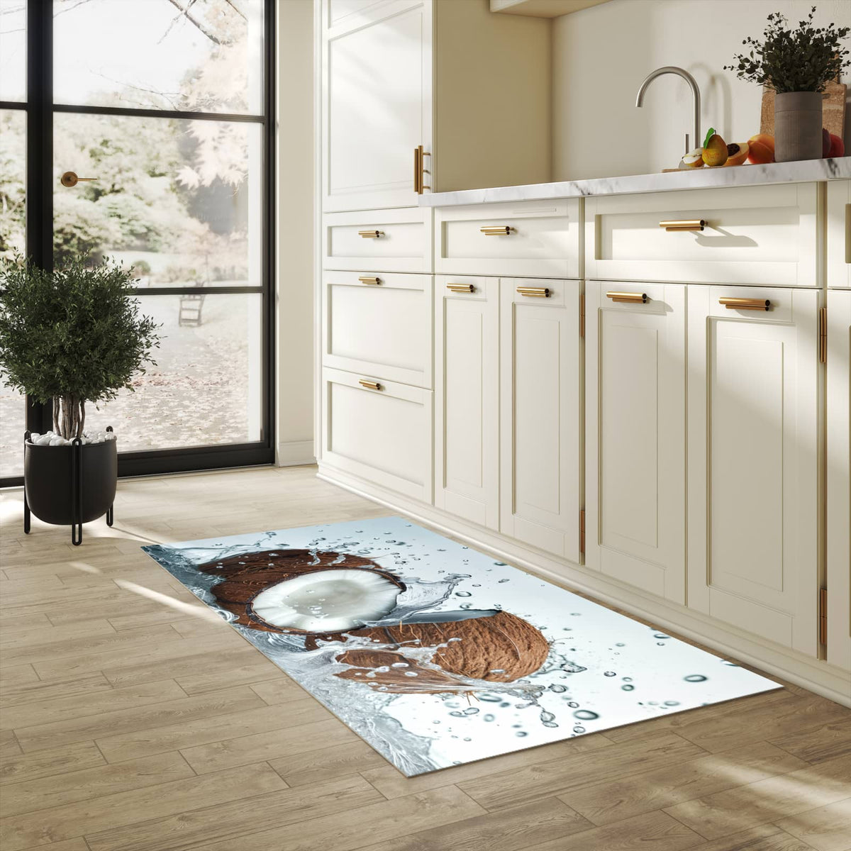 Farbbeständiger Küchenteppich mit Motiv Kokosnuss Wasserplatsch in heller Küche
