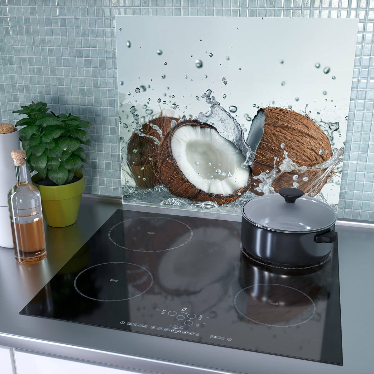 1-teilige Abdeckplatten für Herd mit Kokosnuss Wasserplatsch-Motiv als Spritzschutz hinter dem Kochfeld