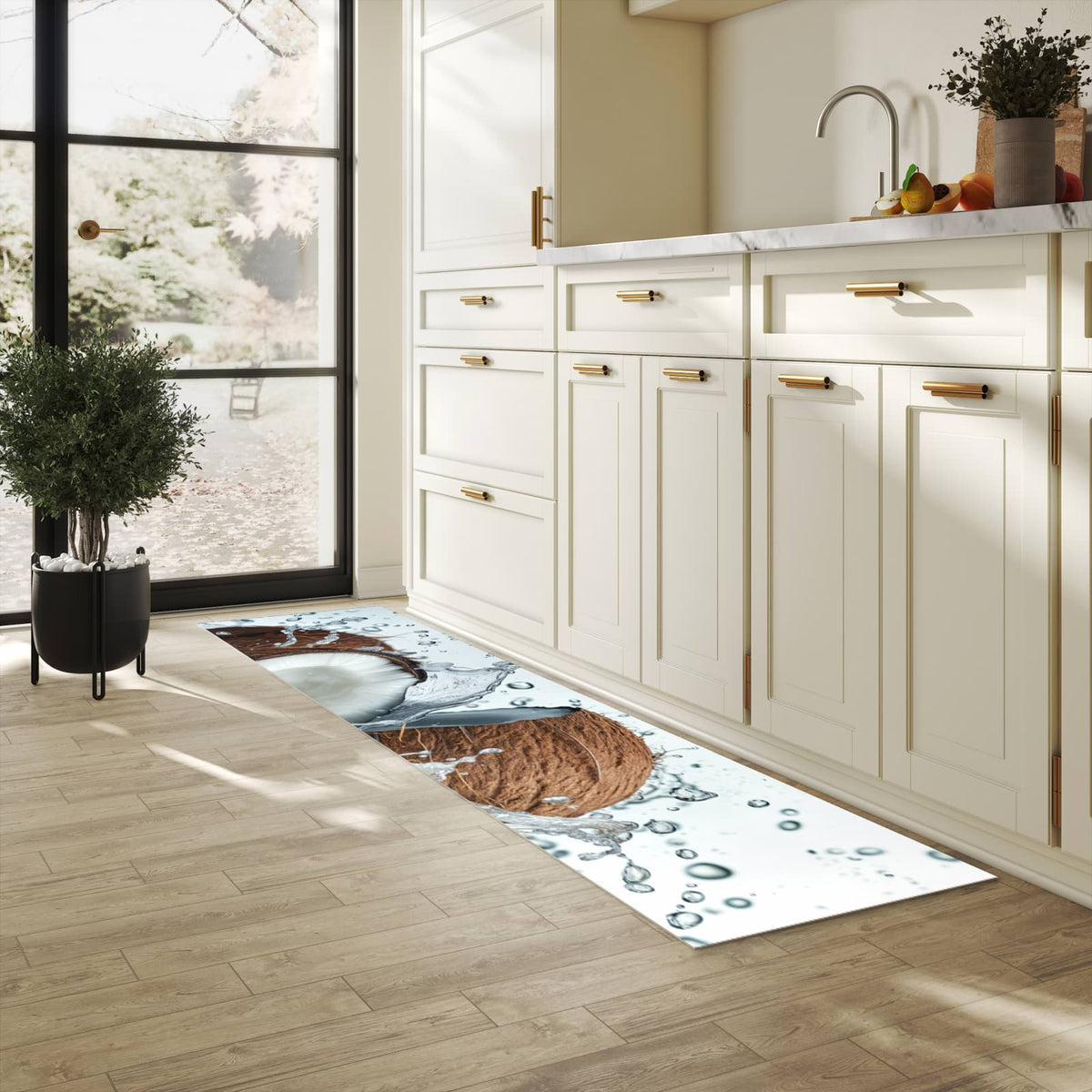 Abwaschbarer Küchenteppich mit Motiv Kokosnuss Wasserplatsch in heller Küche