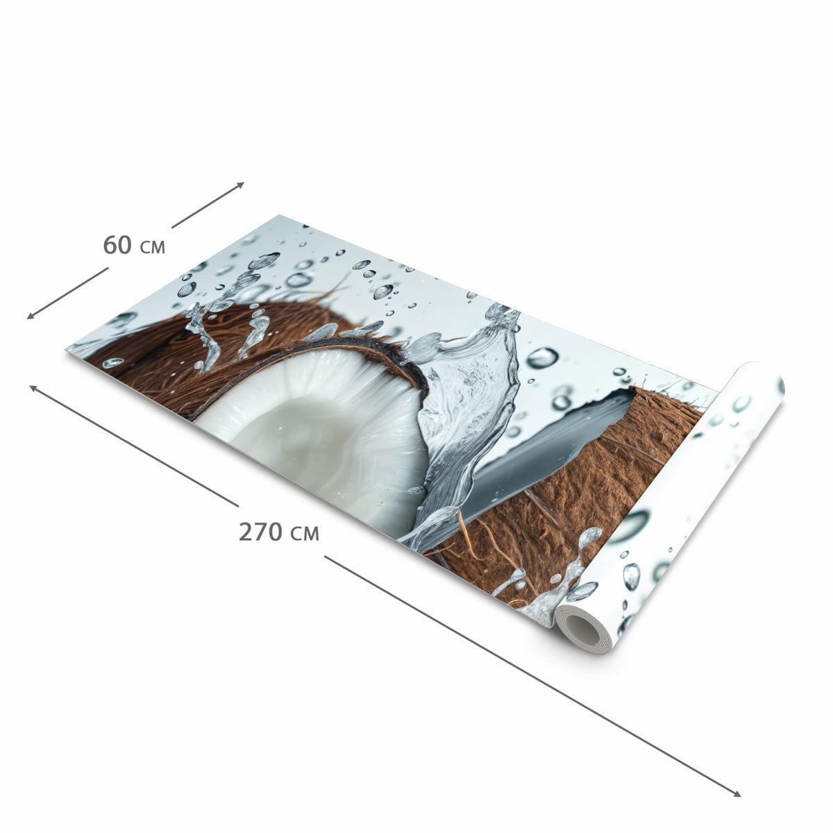 Rutschfester abwaschbarer Küchenläufer mit Motiv Kokosnuss Wasserplatsch in der Größe 90x180 cm