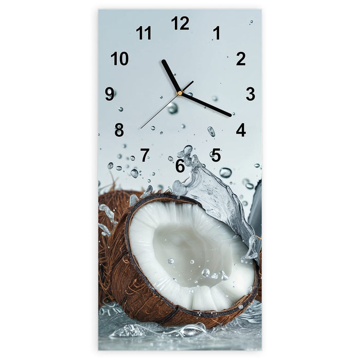 Wanduhr Kokosnuss Wasserplatsch aus Glas – Hochformat 30 × 60 cm mit Ziffernblatt Modern