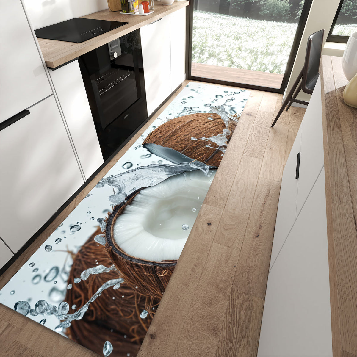 Hygienischer großer Küchenteppich mit Motiv Kokosnuss Wasserplatsch in moderner Küche