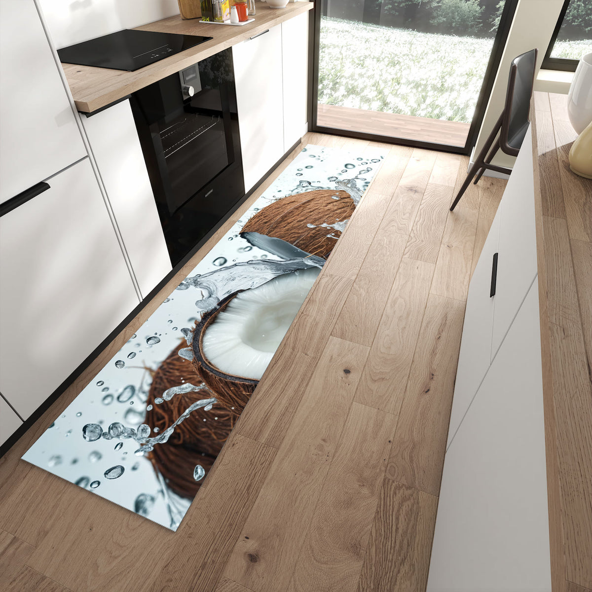 Flacher Küchenteppich mit Motiv Kokosnuss Wasserplatsch in moderner Küche - waschbar