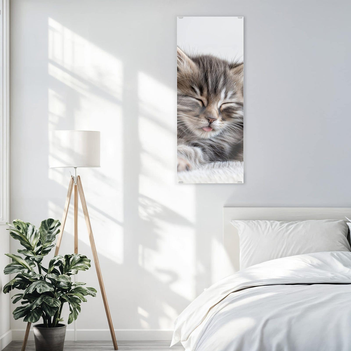 Glasbild Zwei schlafende Kätzchen an der Wand – Zwei getigerte Kätzchen schlafen dicht aneinander auf weißem Fell